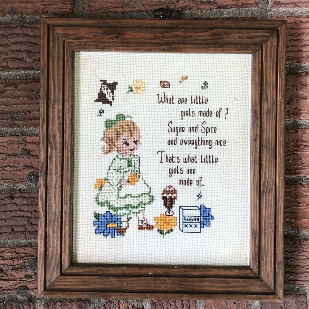 Framed Vintage Cross Stitch What Are Little Girls Made Of Sugar & Spice
